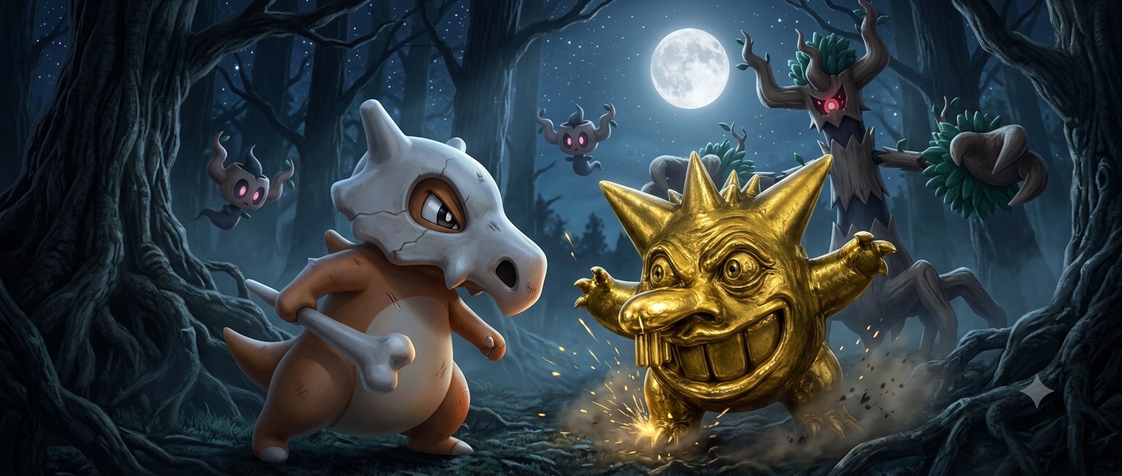 A wild golden Geneegy faces Cubone in a haunted moonlit forest
