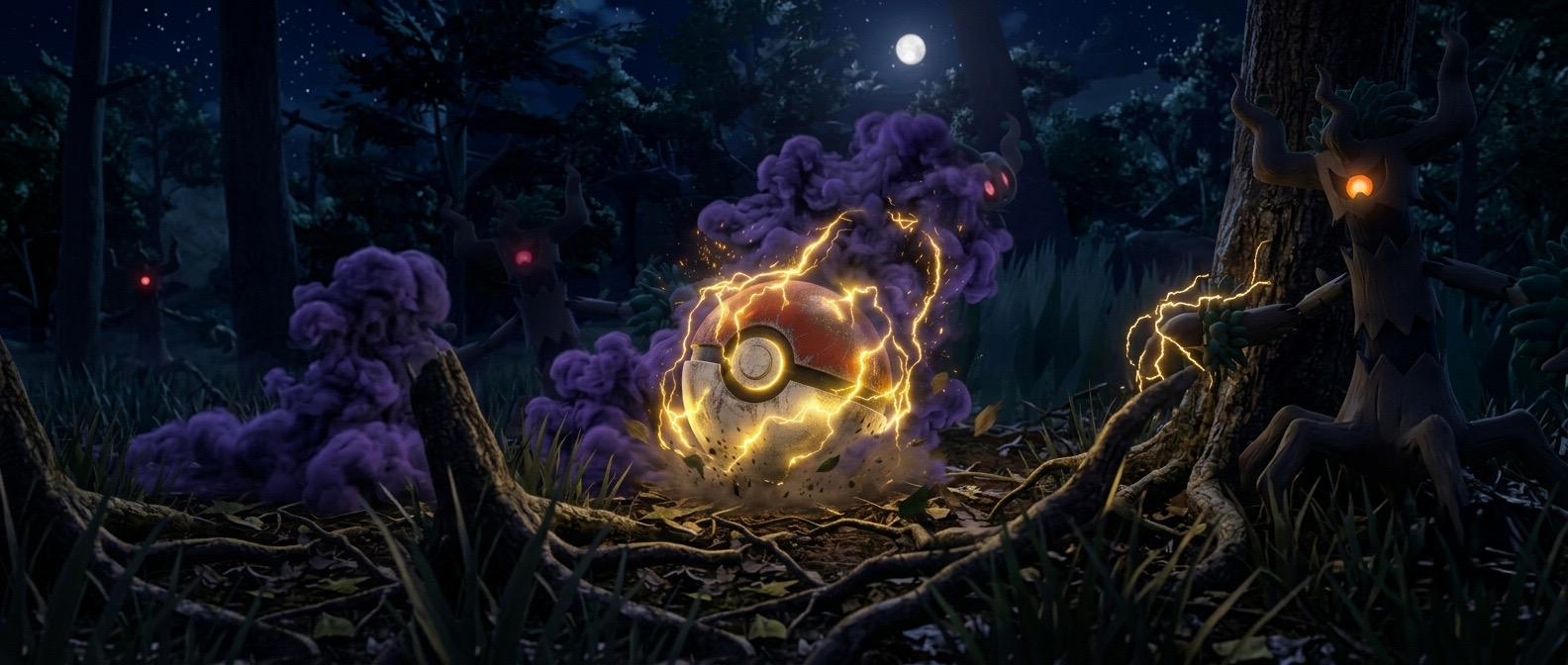 A glowing pokeball crackles with golden energy in a haunted purple forest